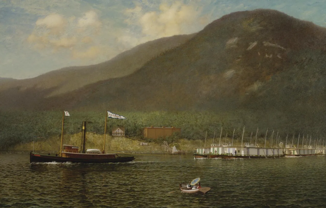 Photo wallpaper mountains, river, boat, ship, tug, painting, James Gale Tyler