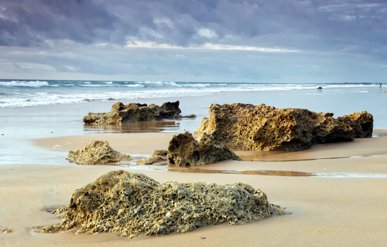 Photo wallpaper sand, sea, wave, beach, summer, the sky, stones, rocks