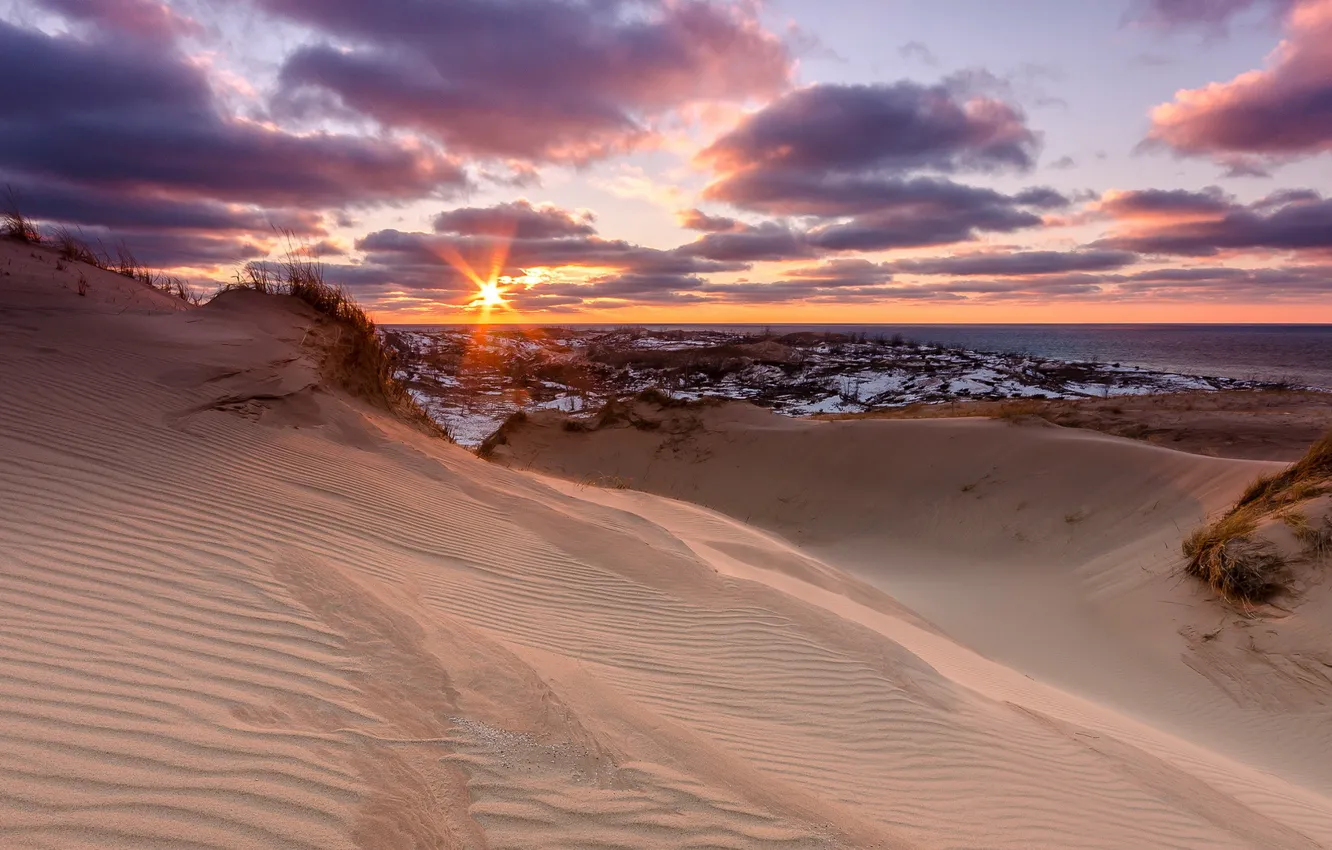 Photo wallpaper landscape, sunset, Lake Michigan