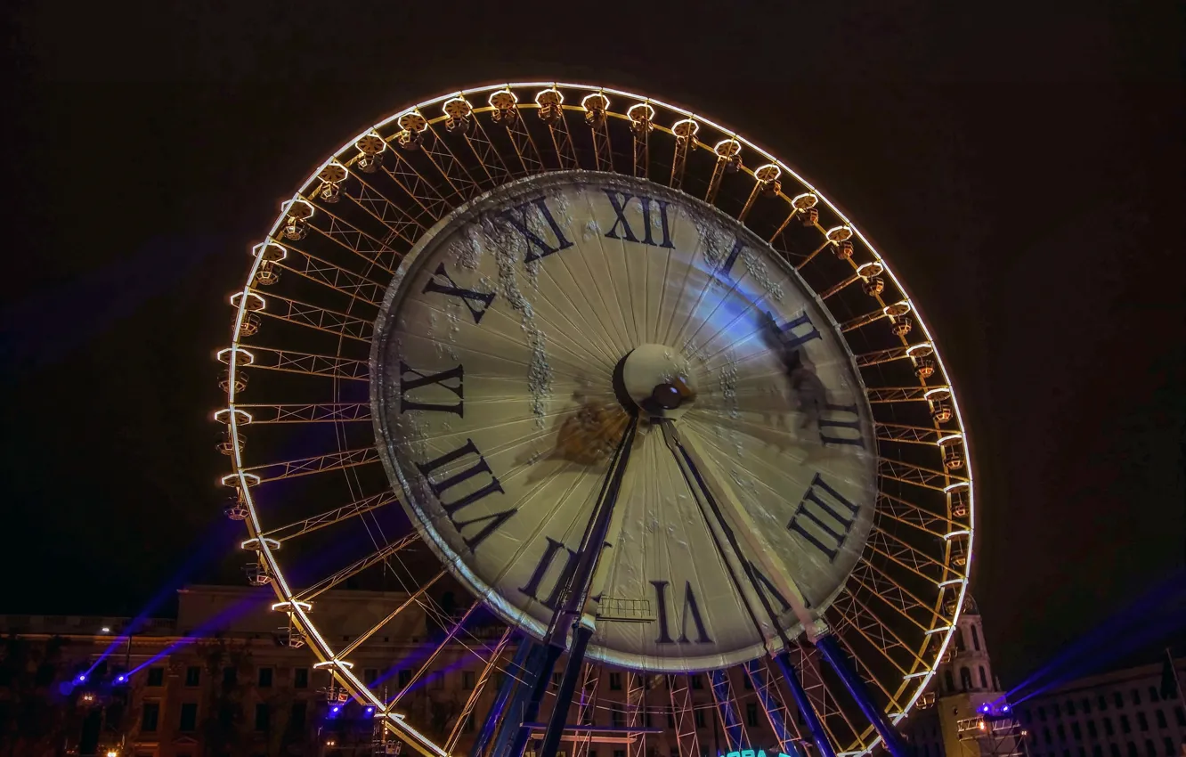 Photo wallpaper night, lights, France, Ferris wheel, Lyon