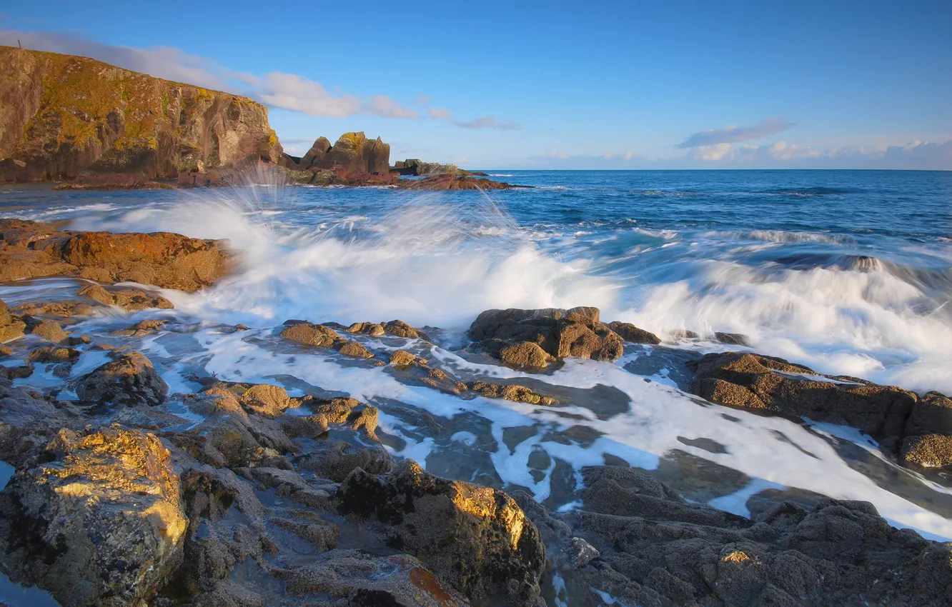 Photo wallpaper sea, wave, beach, the sky, clouds, blue, stones, rocks
