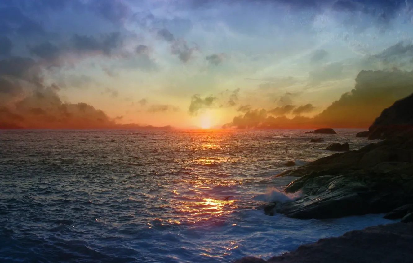 Photo wallpaper sea, mountains, sunrise