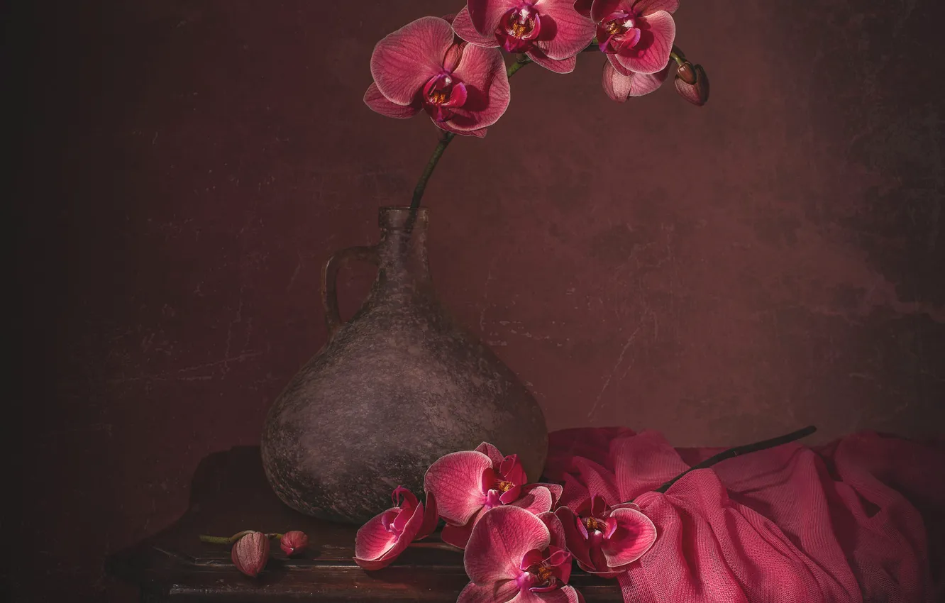 Photo wallpaper flowers, table, still life, Orchid, bottle