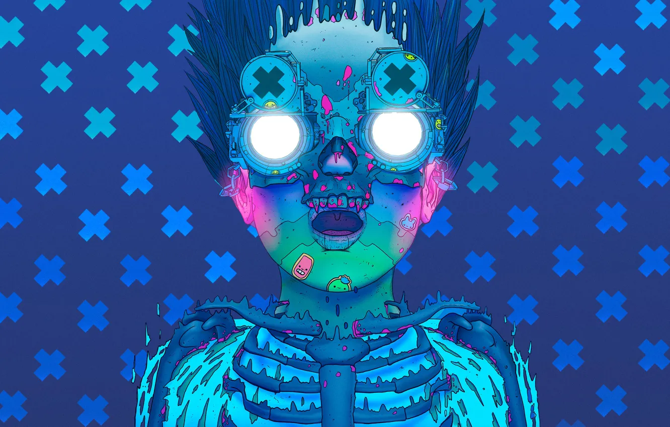 Photo wallpaper face, fiction, colors, glasses, fantasy, cyborg, cyberpunk, science fiction