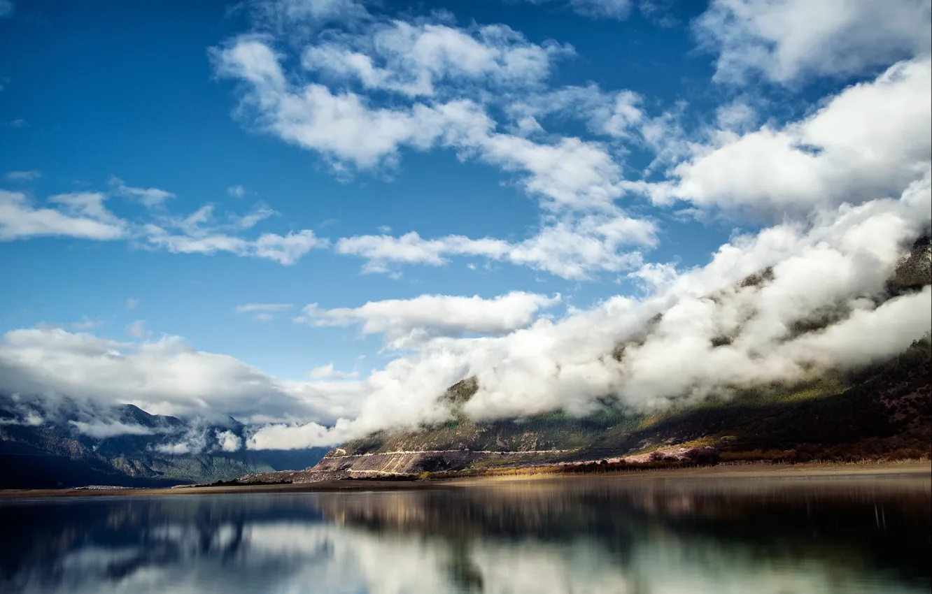 Photo wallpaper clouds, mountains, nature, lake, China, Tibet