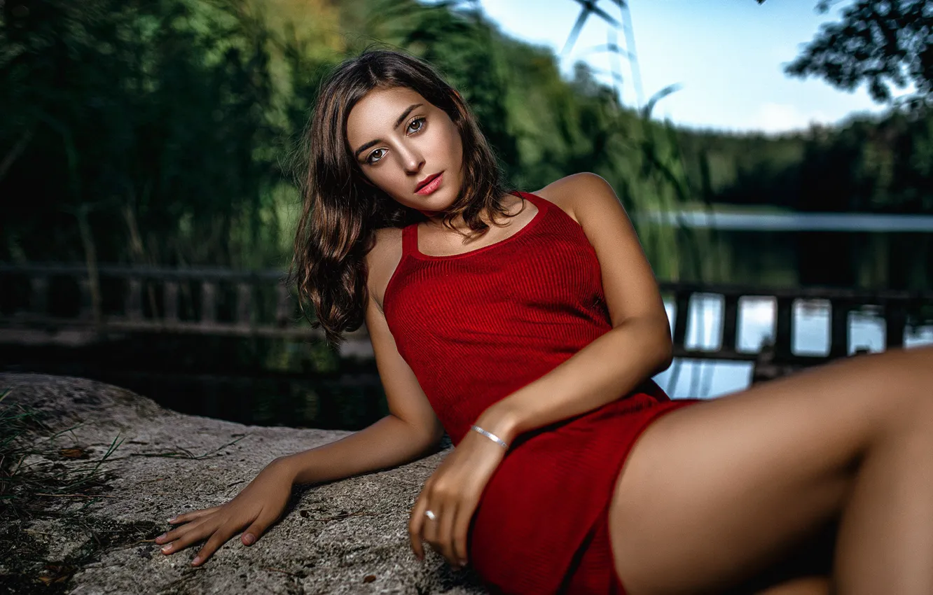 Photo wallpaper forest, look, trees, nature, sexy, pose, river, model