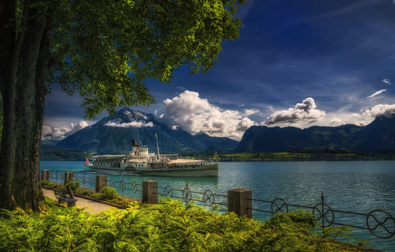 Photo wallpaper clouds, landscape, mountains, nature, lake, Switzerland, steamer, Lake Thun