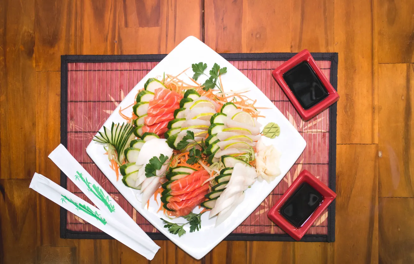 Photo wallpaper food, sushi, chopstikcs, Sake