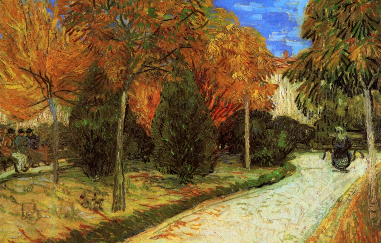 Photo wallpaper autumn, trees, track, Vincent van Gogh, The Public, Park at Arles