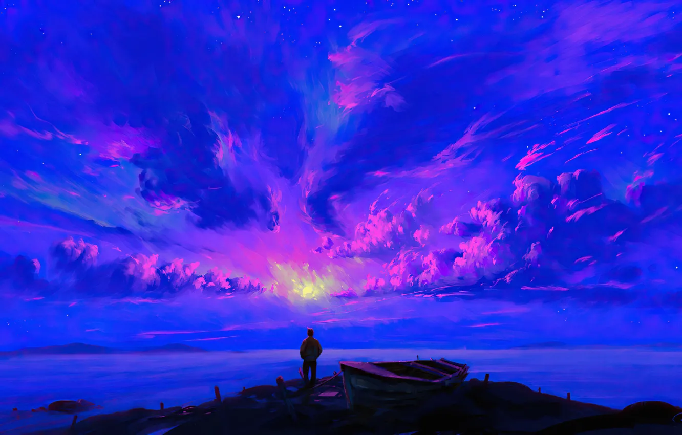 Photo wallpaper sunset, dawn, people, pond, sunset, man, dawn, blue sky