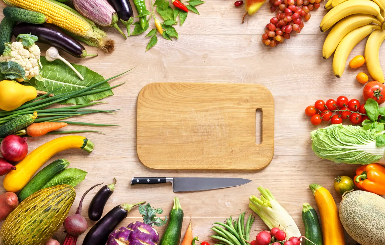 Photo wallpaper corn, bow, grapes, eggplant, knife, bananas, pepper, vegetables