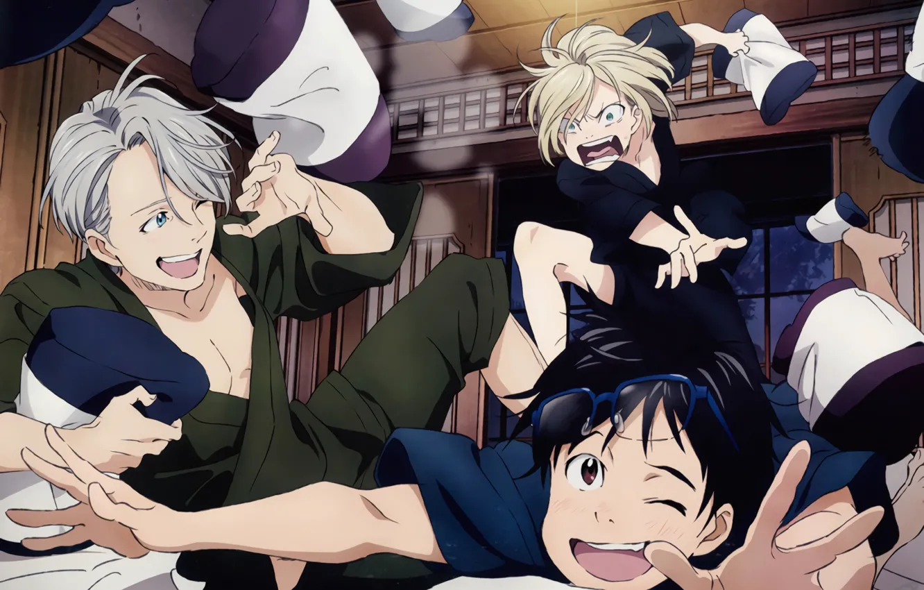 Photo wallpaper skaters, guy, three, Yuri on the ice, Viktor Nikiforov, Yuri Katsuki, Yuri Plisetsky, Yuri On …