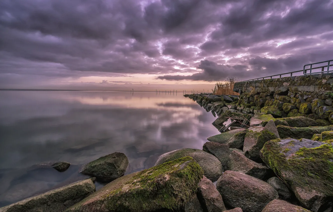 Photo wallpaper sea, stones, pier, Bay, Netherlands, North Holland, Edam