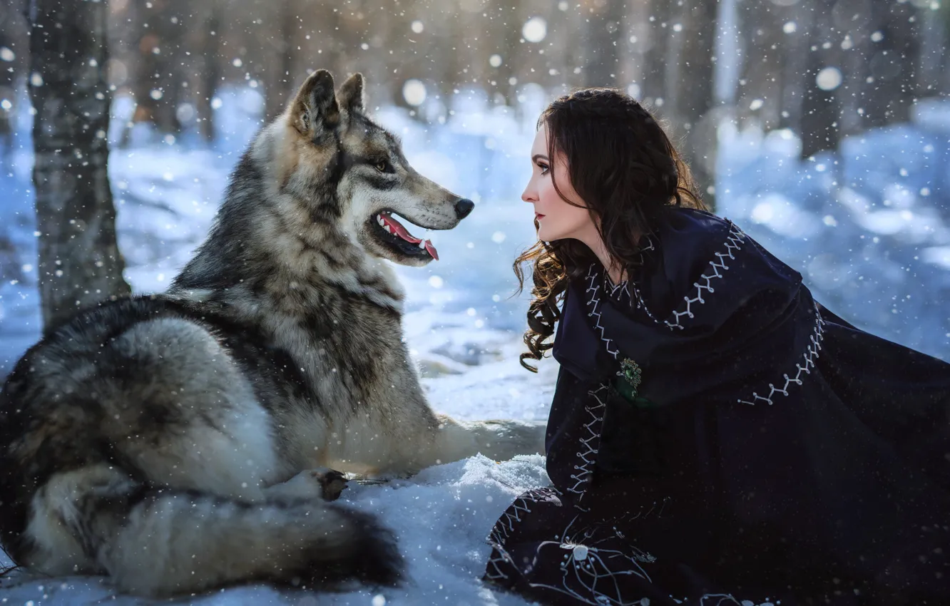 Photo wallpaper winter, forest, language, purple, girl, snow, trees, grey