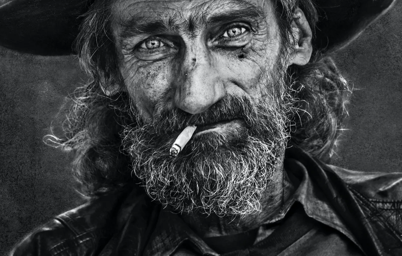 Photo wallpaper black & white, man, men, cigarette, portrait, beard, Cap, Ales Dusa