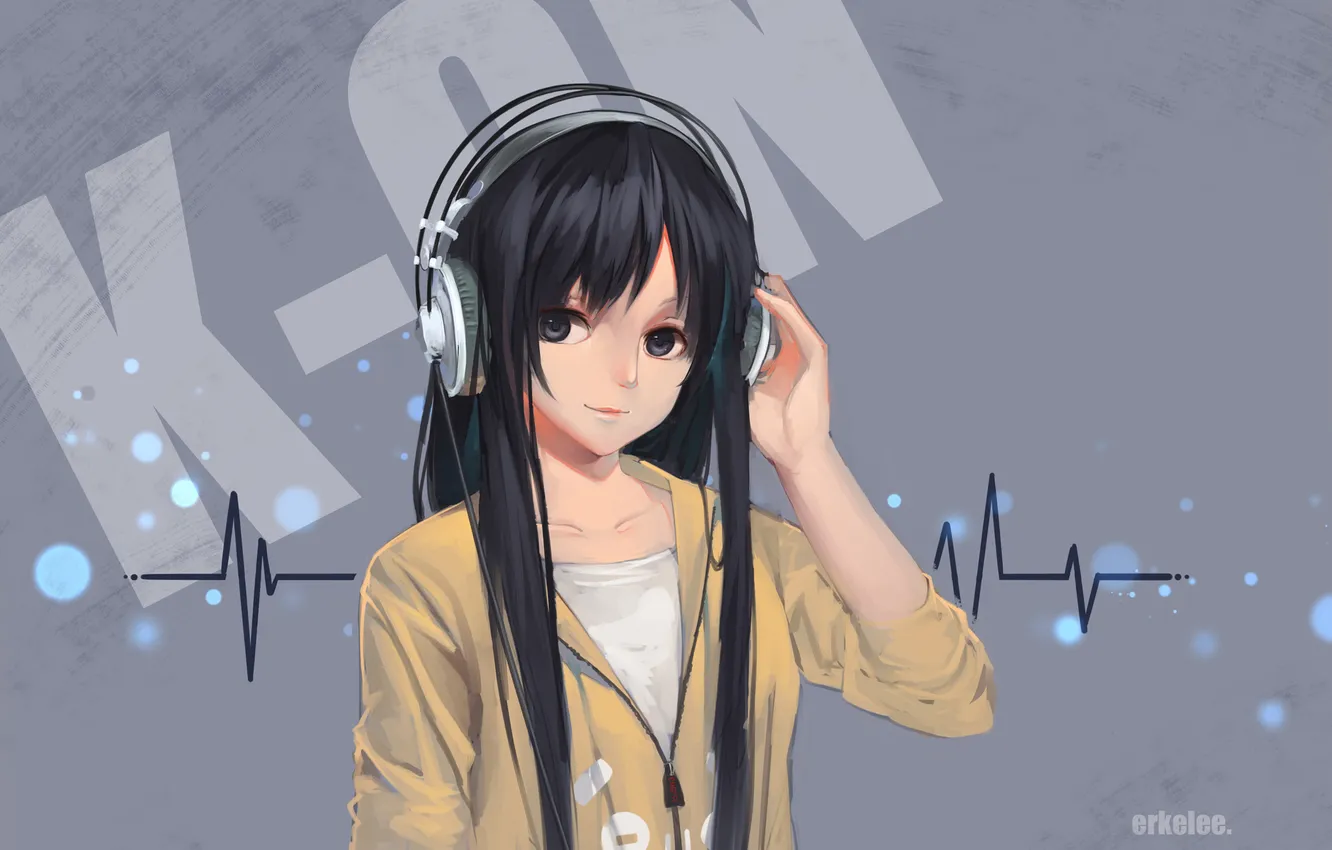 Photo wallpaper look, girl, smile, headphones, mio akiyama, k-on!, art, erkelee