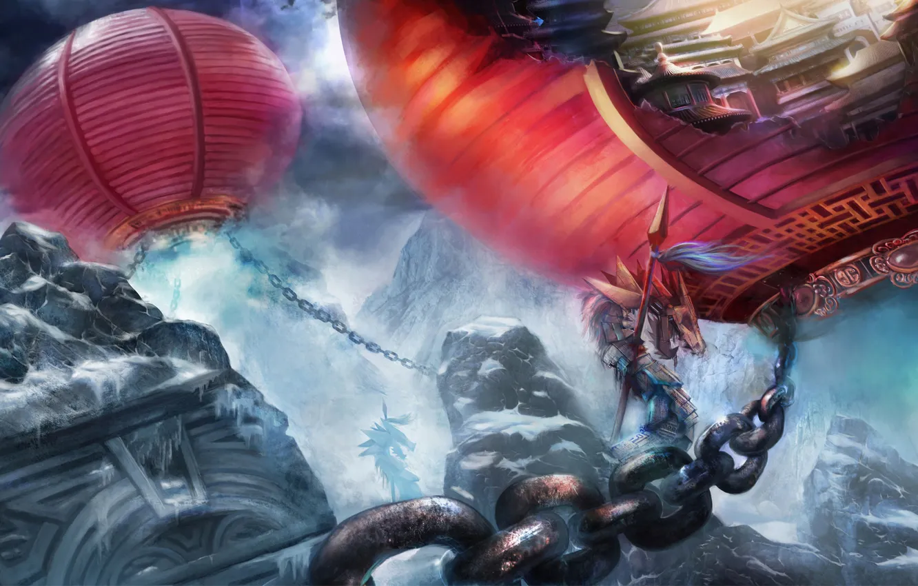 Photo wallpaper the city, dragon, Asia, home, fantasy, art, lights, chain