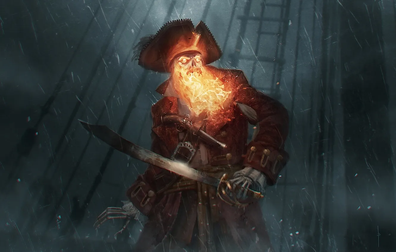 Photo wallpaper storm, rain, fire, ship, hat, art, pirate, skeleton