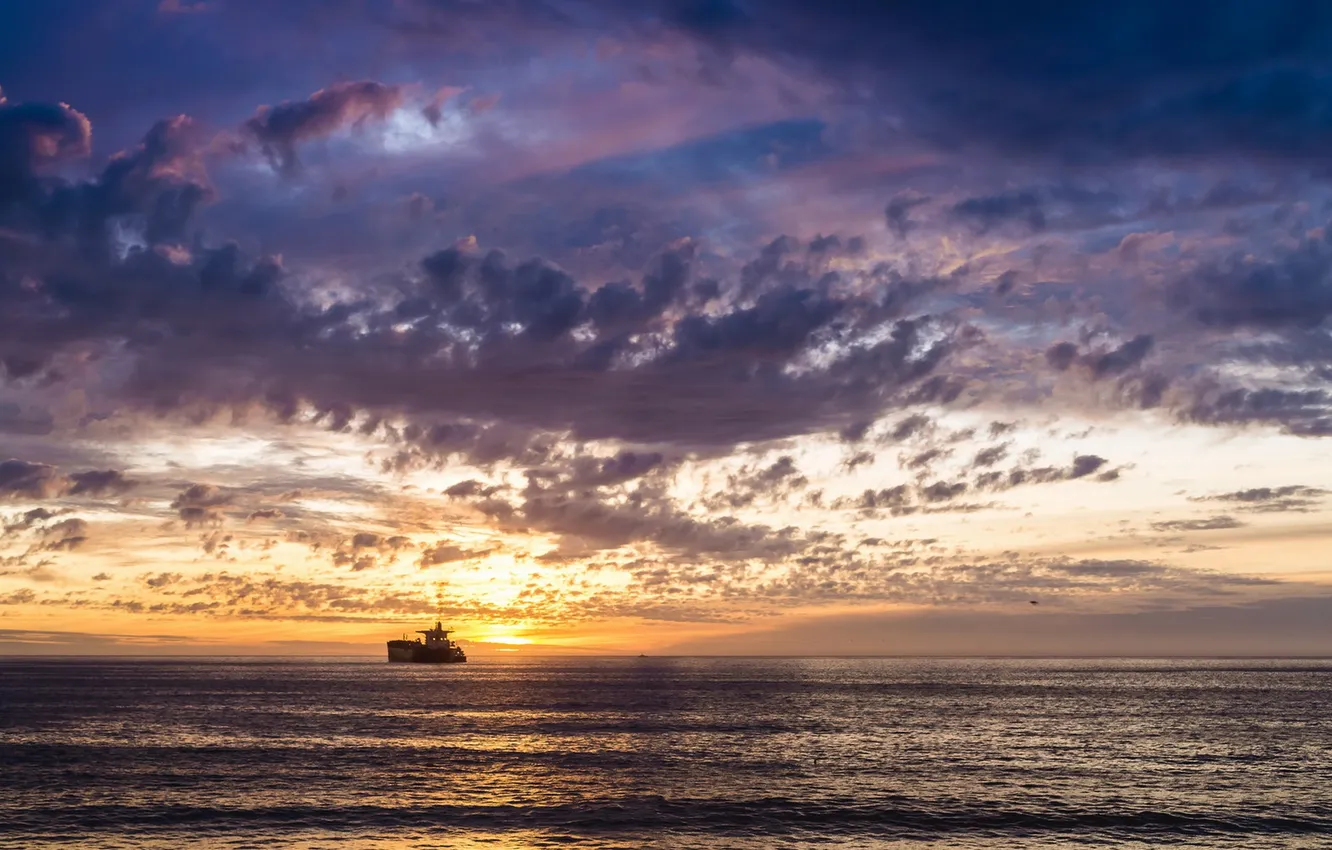 Photo wallpaper sea, sunset, ship