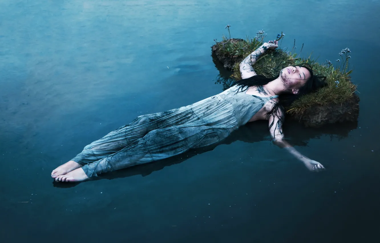 Photo wallpaper grass, water, girl, flowers, dress, brunette, peace