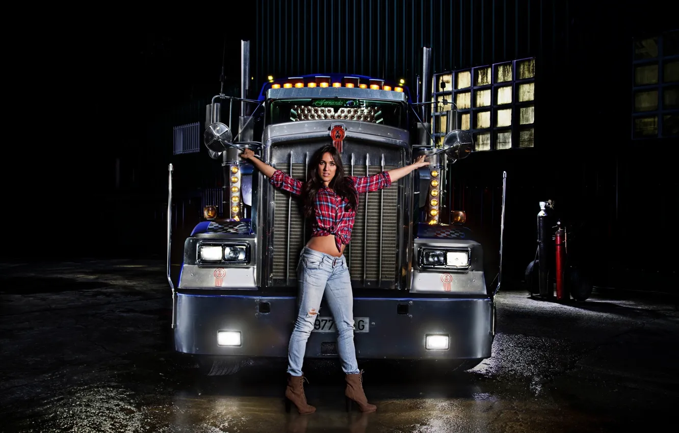 Photo wallpaper look, girl, lights, Girls, brunette, truck