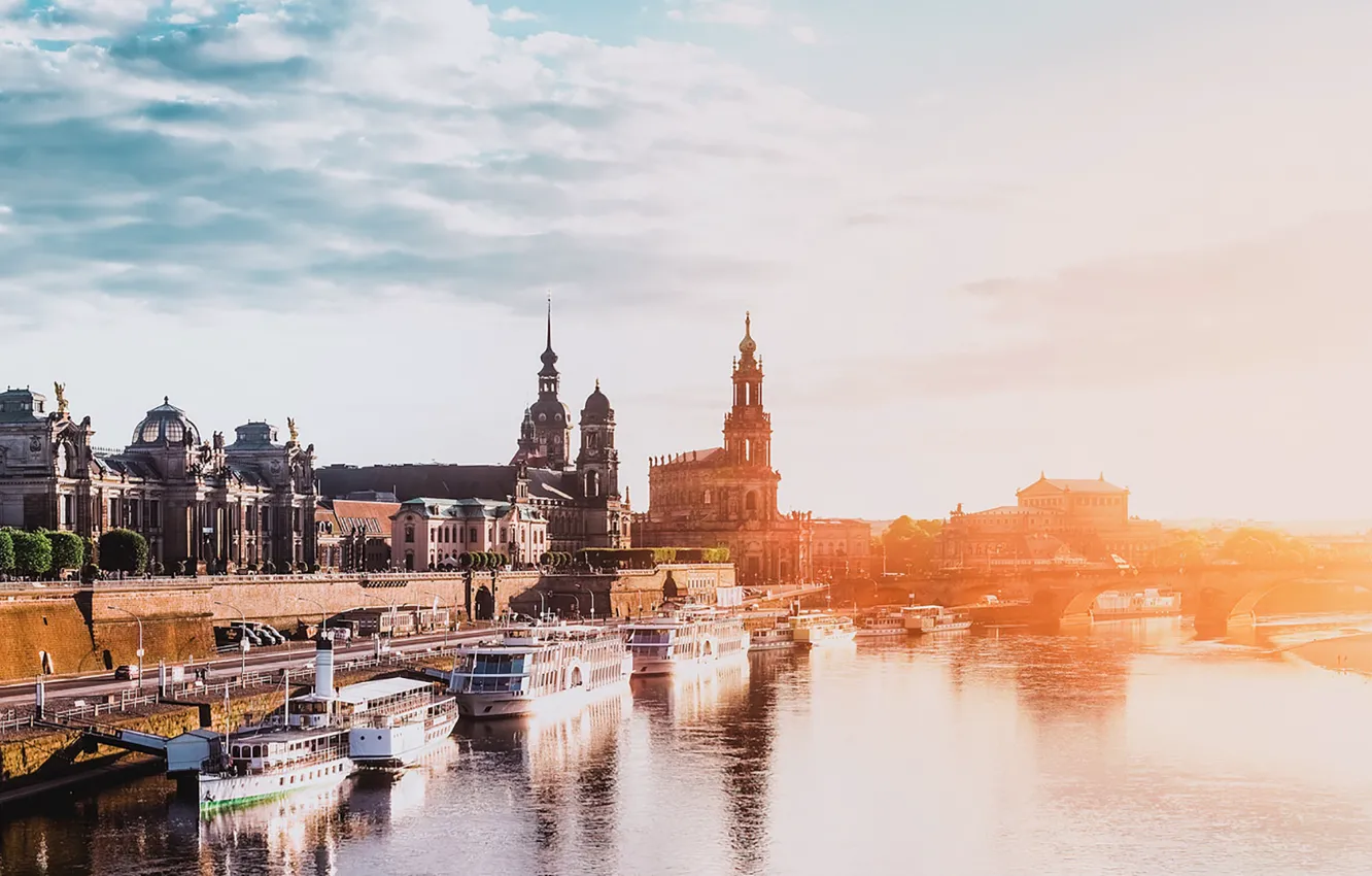 Photo wallpaper river, bridge, Germany, sunset, Dresden, street, boats, architecture