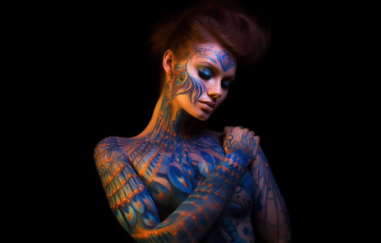 Photo wallpaper girl, AI art, makeup, painting, body art, peacock feathers