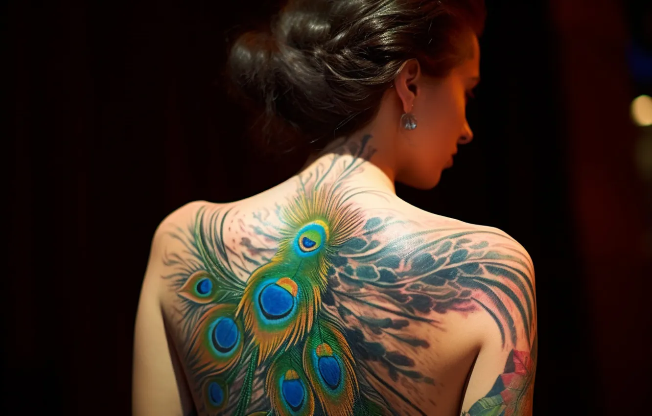 Photo wallpaper girl, AI art, painting, body art, peacock feathers
