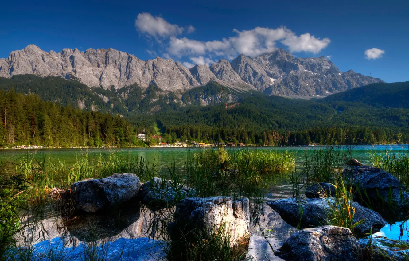 Photo wallpaper stones, clouds, forest, house, lake, shore, trees, Germany