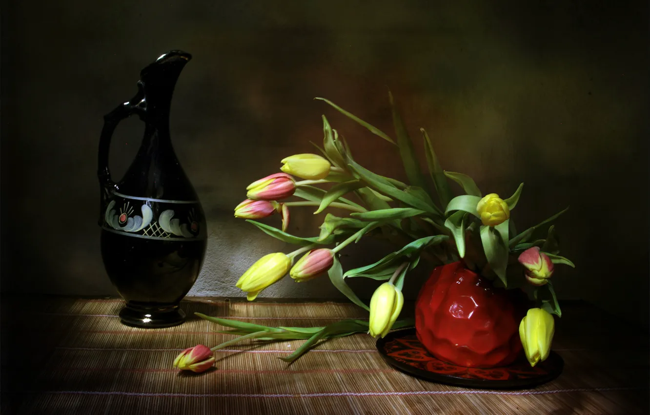 Photo wallpaper table, tulips, vase, pitcher, twilight, still life