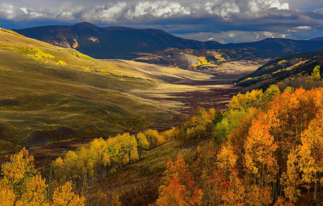 Photo wallpaper autumn, forest, clouds, trees, landscape, mountains, river, hills