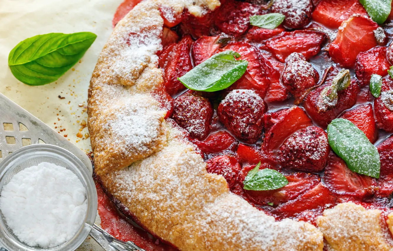 Photo wallpaper food, strawberry, pie, leaf, cakes, powdered sugar, strawberry