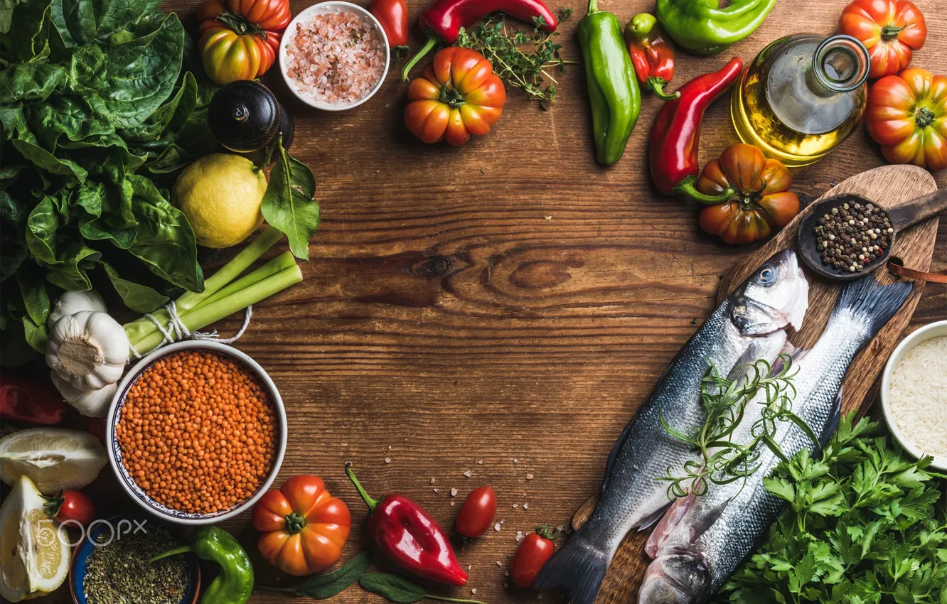 Photo wallpaper fish, table, food, fish, vegetables, seasoning