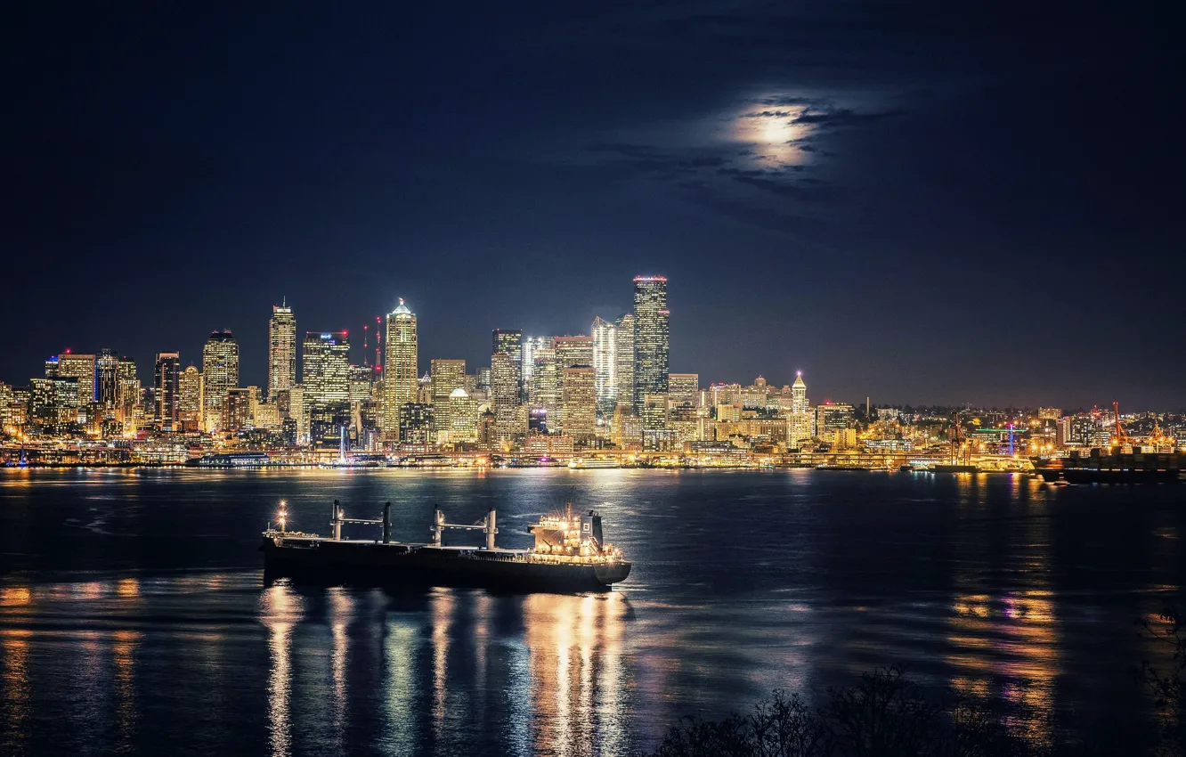 Photo wallpaper ship, building, Bay, Seattle, night city, skyscrapers, Washington, Seattle