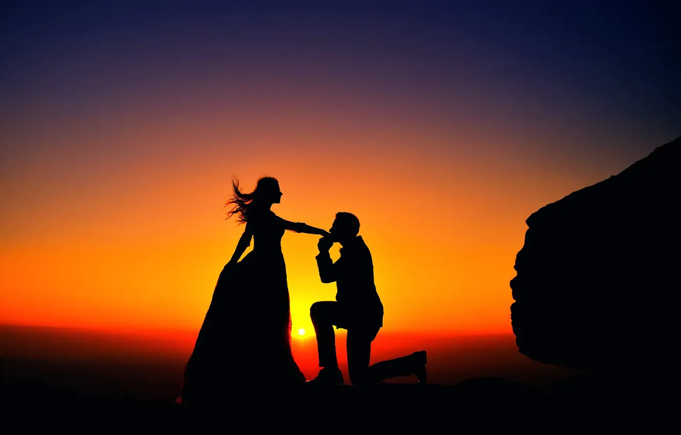 Photo wallpaper girl, sunset, kiss, male, silhouettes, a couple in love