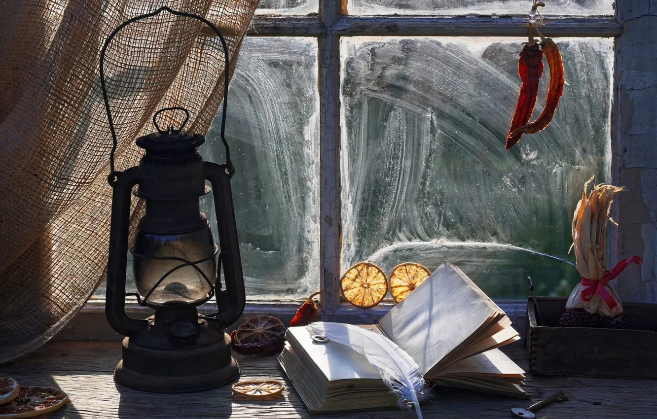 Photo wallpaper table, window, lamp, book, vintae