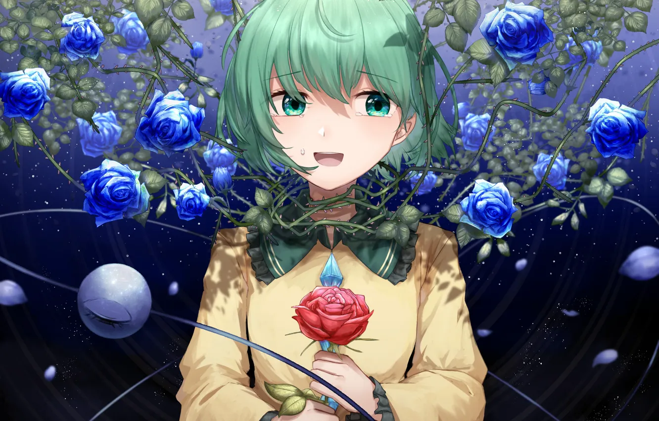 Photo wallpaper girl, roses, Touhou, blue roses, Koishi Komeiji, Touhou, Touhou