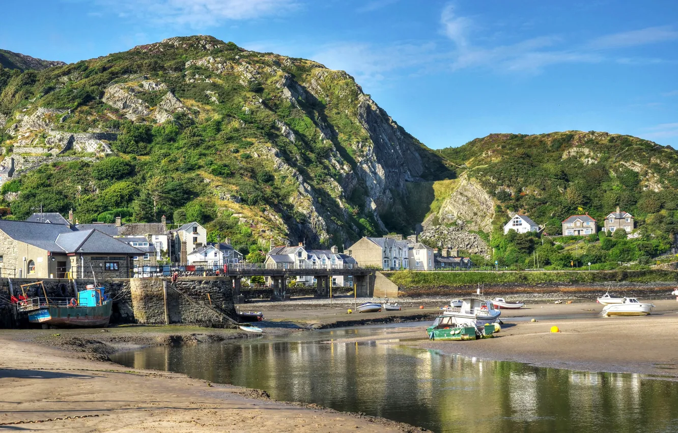 Photo wallpaper the sky, the sun, mountains, bridge, rocks, boat, home, boat