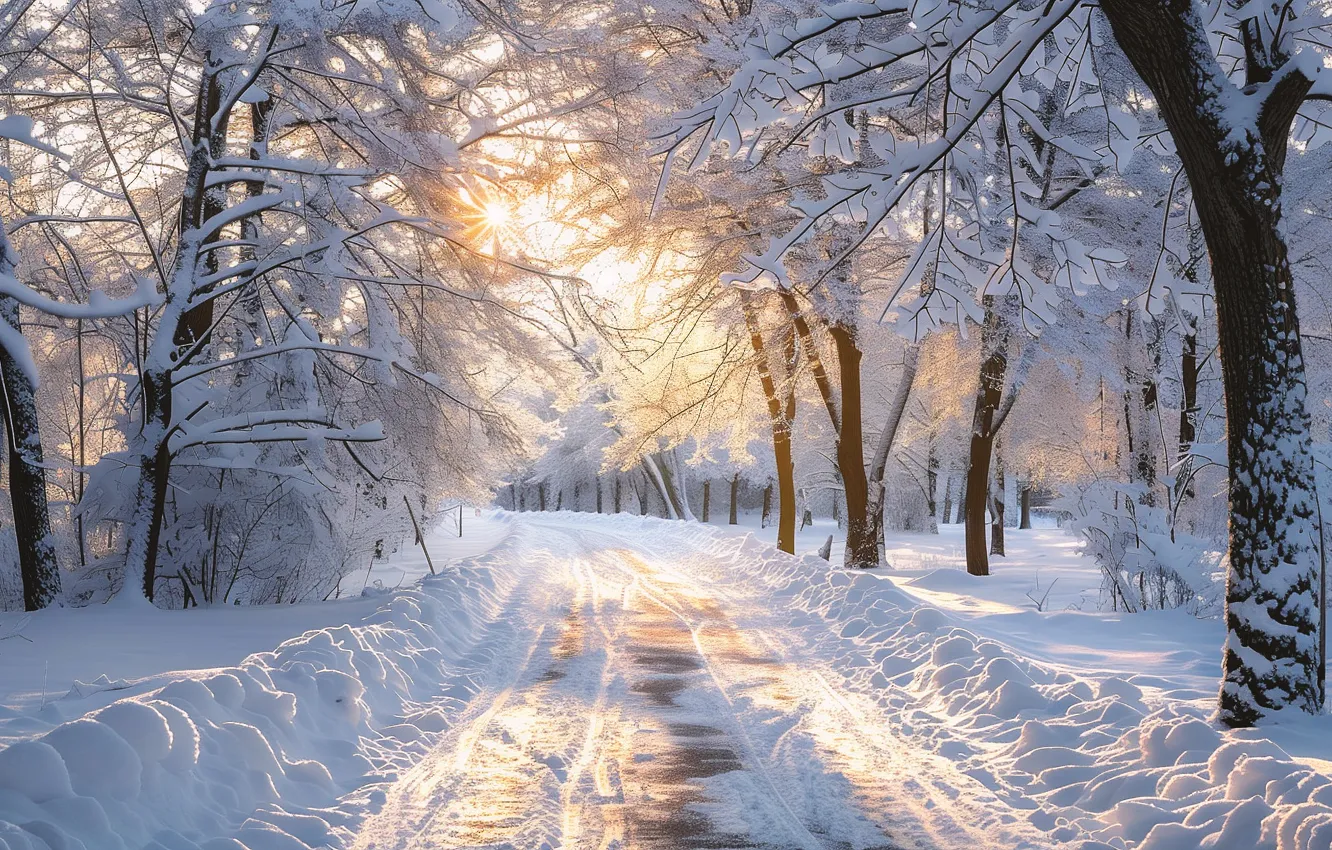 Photo wallpaper winter, frost, road, forest, the sun, rays, light, snow