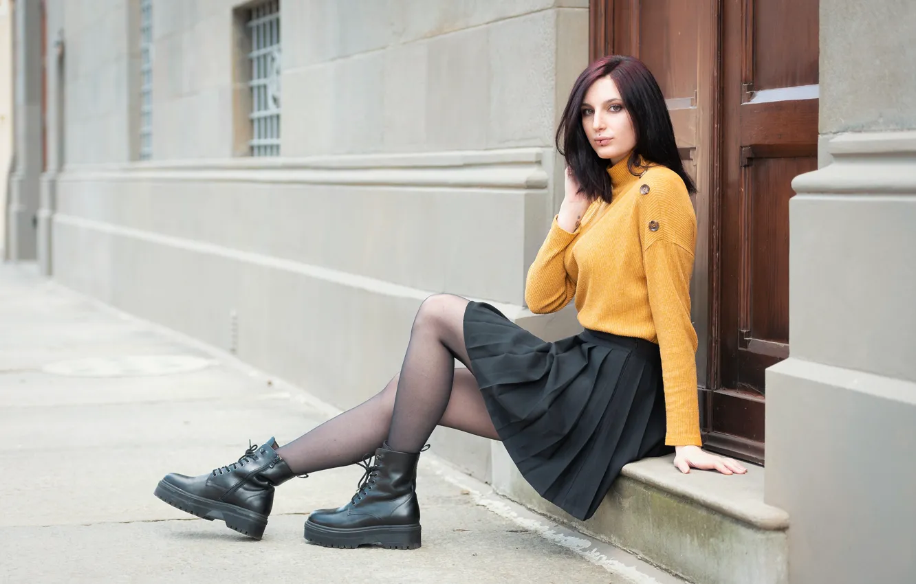 Photo wallpaper look, skirt, shoes, piercing, the door, brown hair, legs, sweater