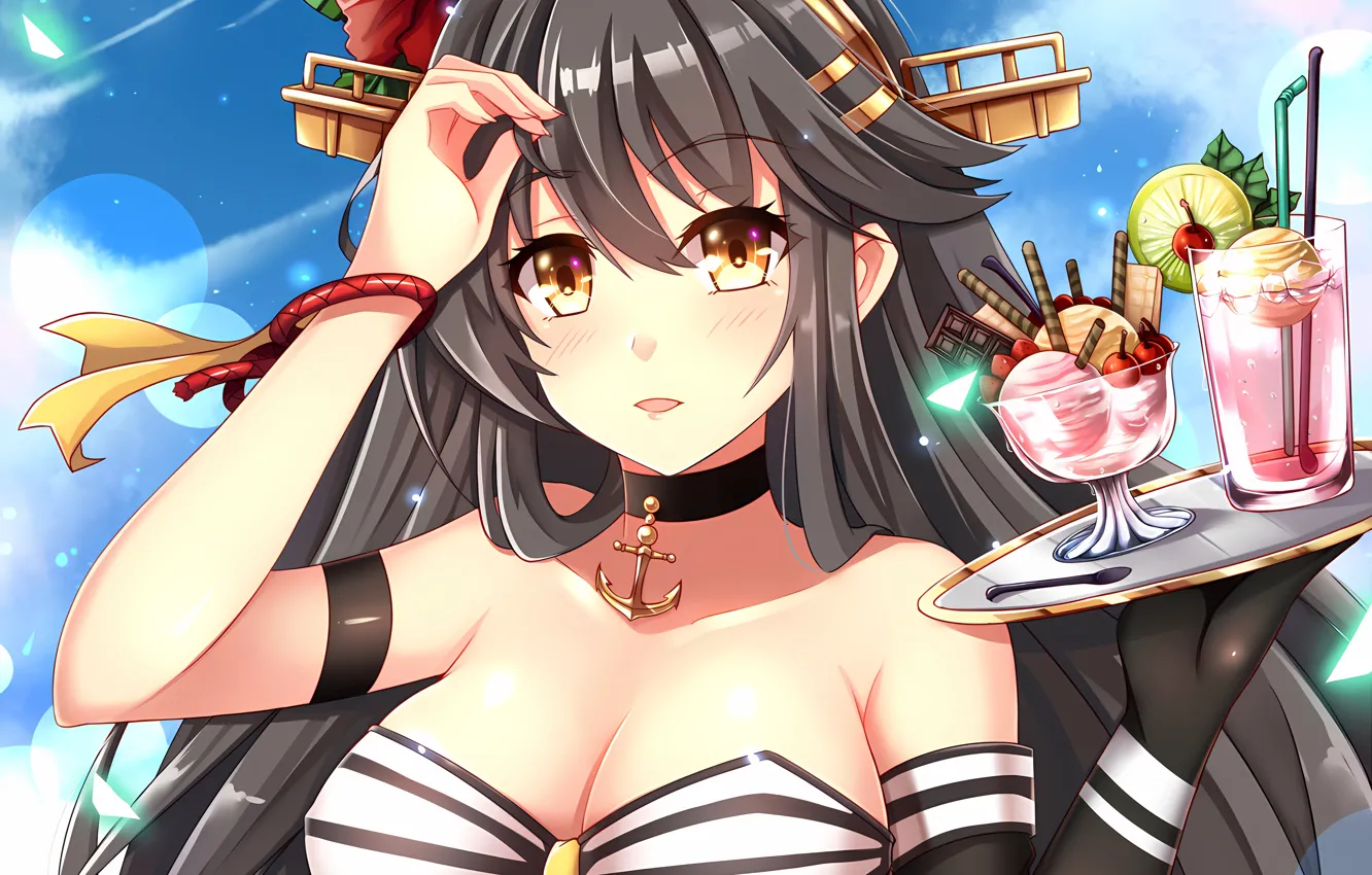 Photo wallpaper girl, sexy, cleavage, long hair, brown hair, boobs, anime, beautiful