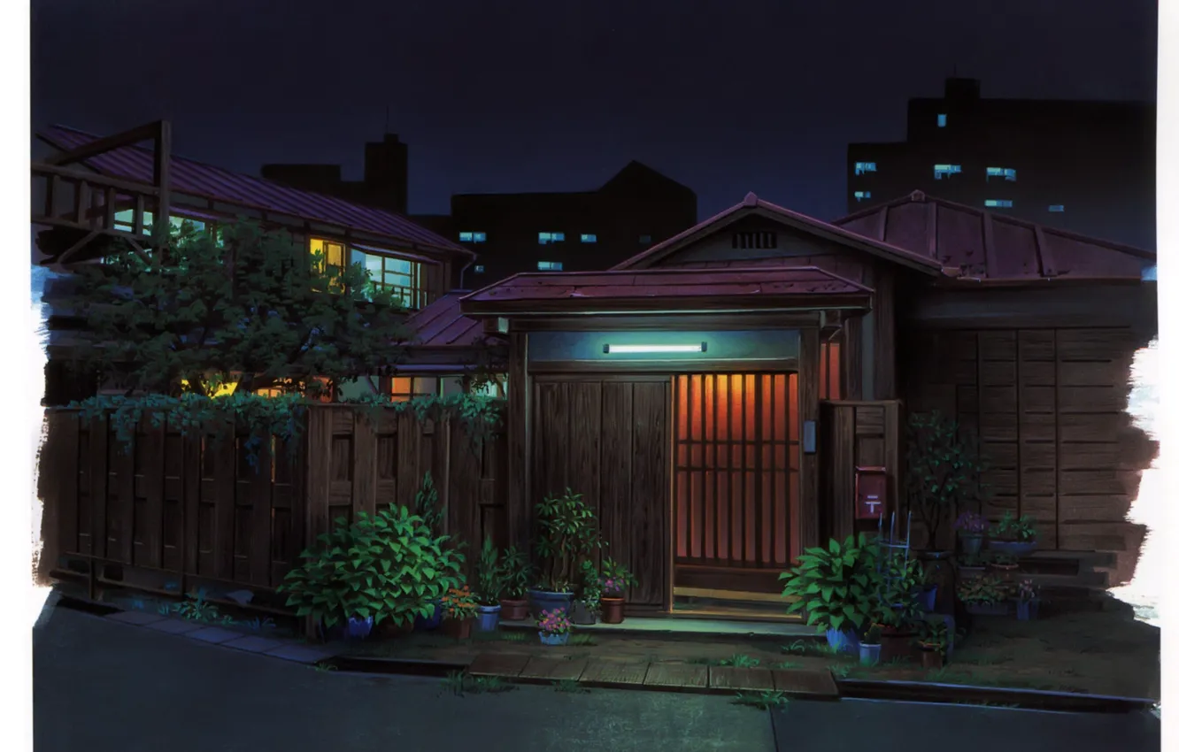 Photo wallpaper the fence, home, plants, the evening, gate, Japan, pots, the light in the Windows