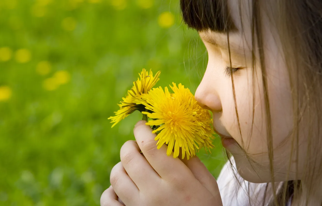 Photo wallpaper grass, dandelion, girl