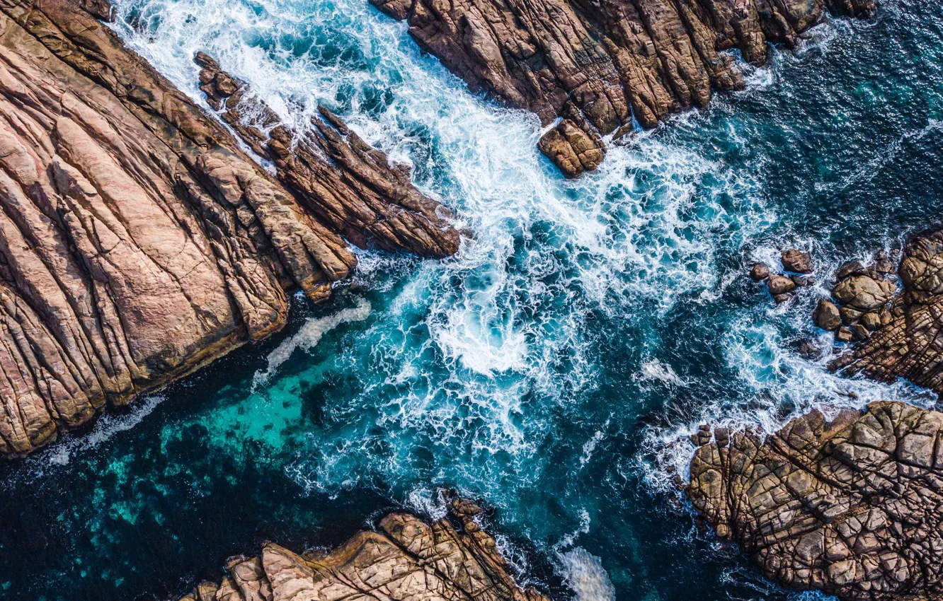 Photo wallpaper waves, sea, rocks, tide, aerial view, canal cross