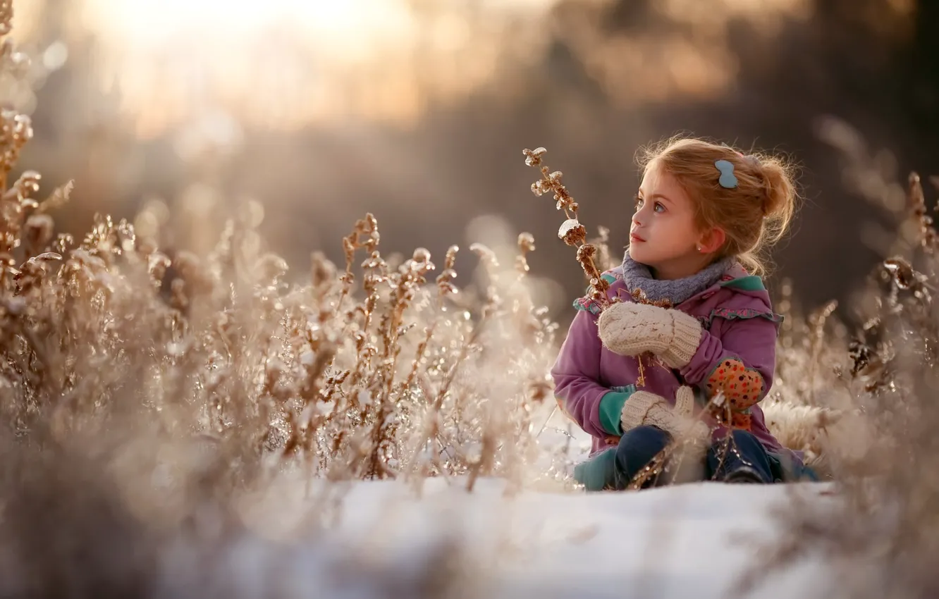 Photo wallpaper winter, grass, snow, nature, children, girl, child