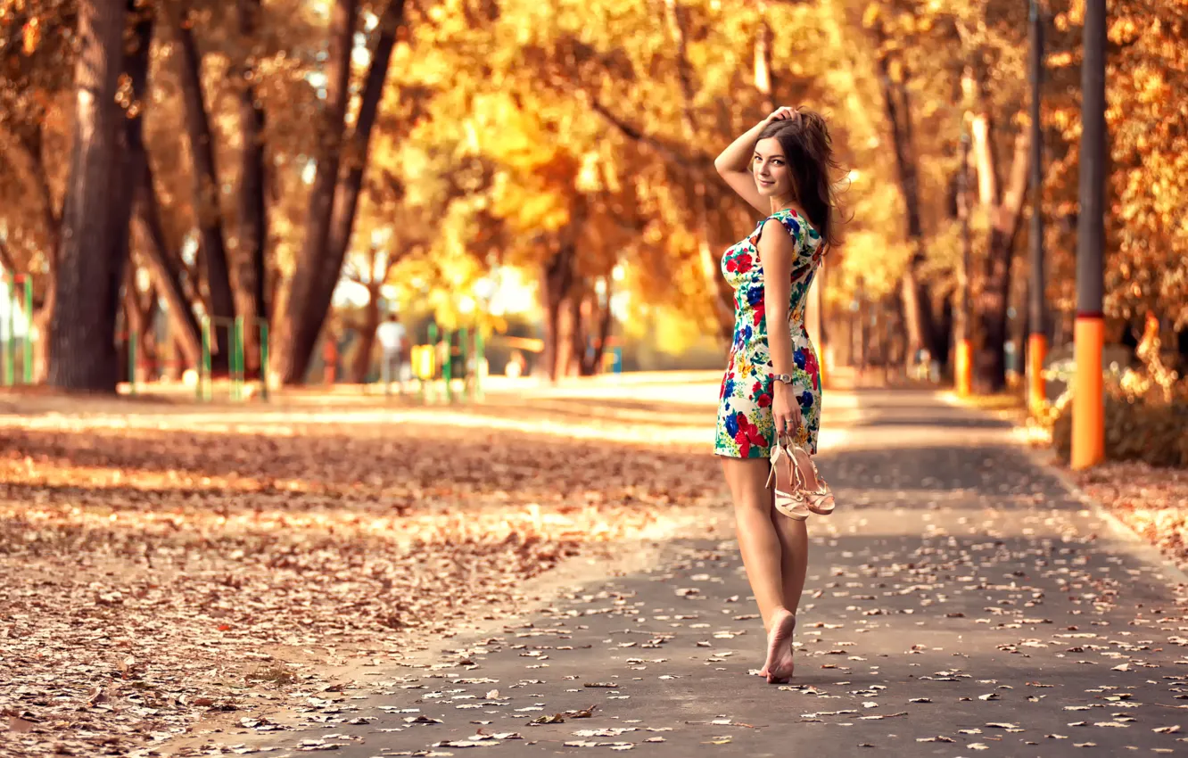 Photo wallpaper autumn, leaves, girl, Park, dress, legs, the beauty, Anton Pechkurov