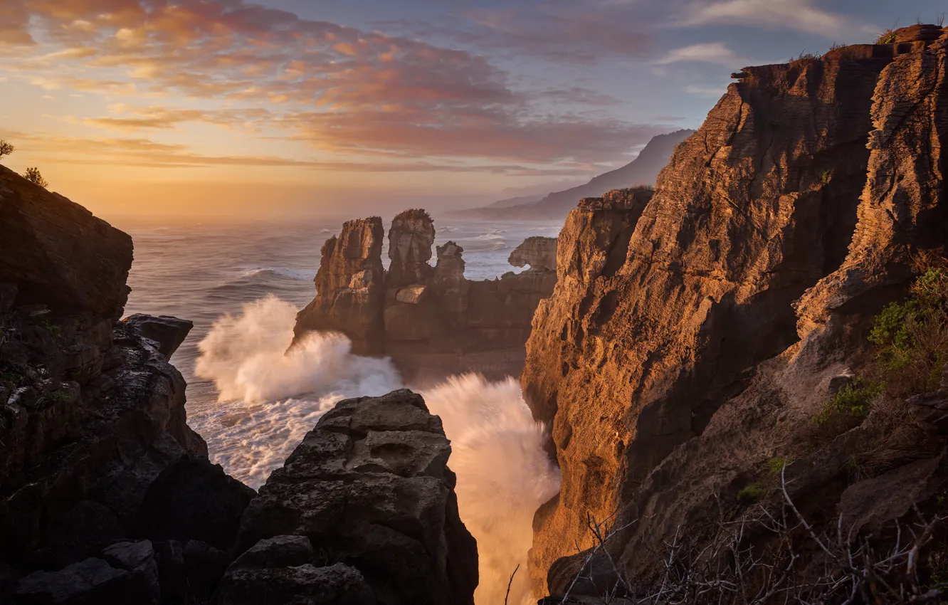 Photo wallpaper sea, wave, the sky, clouds, light, mountains, squirt, nature