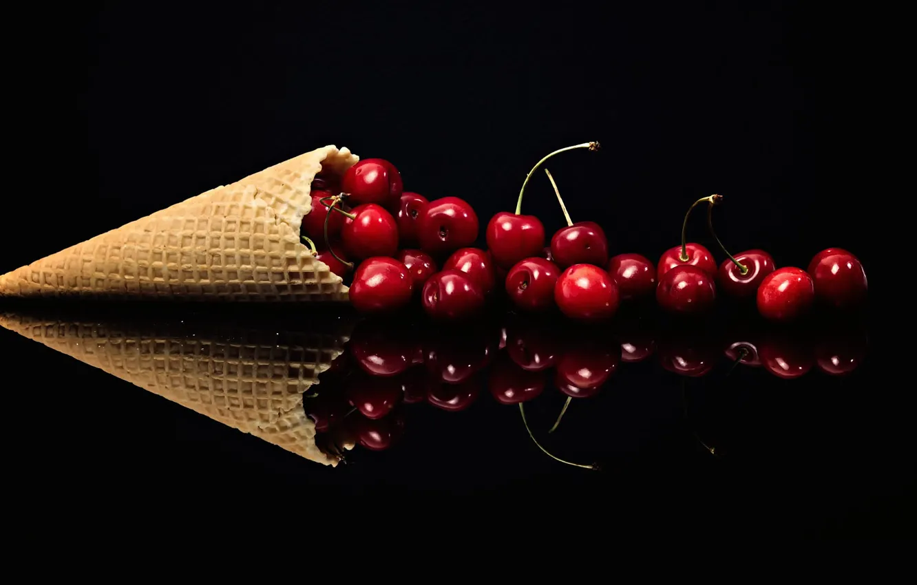 Photo wallpaper cherry, reflection, berries, red, cornucopia, black background, placer, horn
