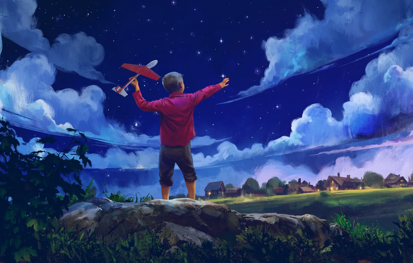 Photo wallpaper dream, clouds, boy, village, art, USSR, the plane, Yuri Alekseyevich Gagarin