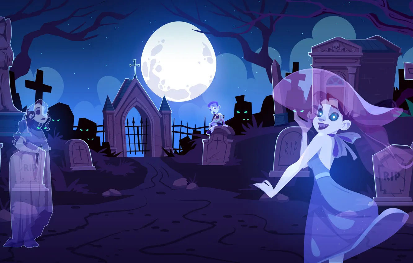 Photo wallpaper Night, The moon, Smile, Halloween, Halloween, The full moon, Ghosts, Cemetery